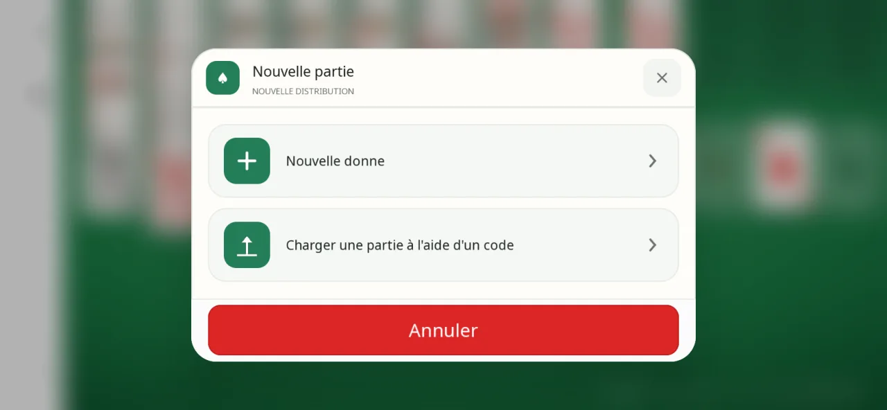Fenêtre Nouvelle partie de l’app, au-dessus du plateau flouté : boutons Nouvelle donne, Charger une partie à l’aide d’un code, et Annuler.