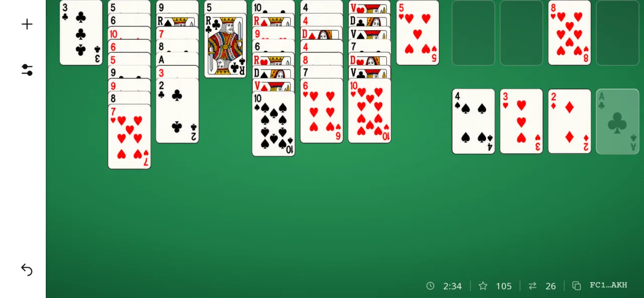 FreeCell Solitaire sur téléphone tenu à l’horizontale : partie en cours sur le tapis vert, huit colonnes de cartes à gauche, les quatre cellules et les quatre fondations à droite, temps, score, coups et code de partie en bas.